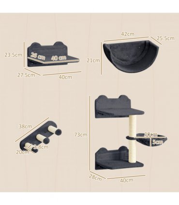 PawHut 4PCs Wall Mounted Cat Tree Cat Wall Shelves W/ Scratching Post Dark Grey
