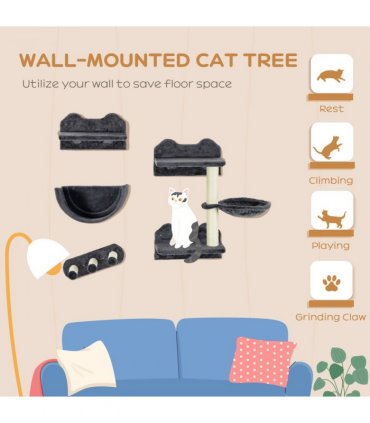 PawHut 4PCs Wall Mounted Cat Tree Cat Wall Shelves W/ Scratching Post Dark Grey