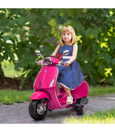 AIYAPLAY Vespa Licensed 12V Kids Electric Motorbike w/ 2 Training Wheels - Pink