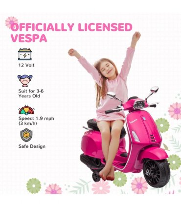 AIYAPLAY Vespa Licensed 12V Kids Electric Motorbike w/ 2 Training Wheels - Pink
