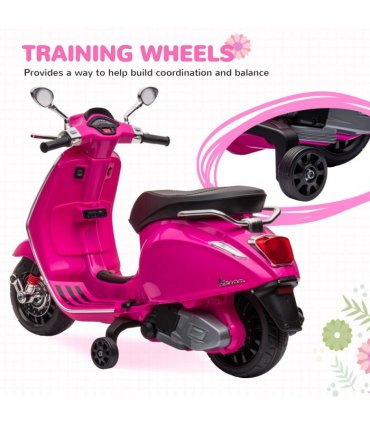 AIYAPLAY Vespa Licensed 12V Kids Electric Motorbike w/ 2 Training Wheels - Pink