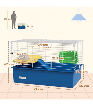 PawHut Small Animal Cage, Rabbit Guinea Pig Hutch, Pet Playhouse, Blue