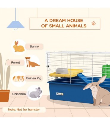 PawHut Small Animal Cage, Rabbit Guinea Pig Hutch, Pet Playhouse, Blue