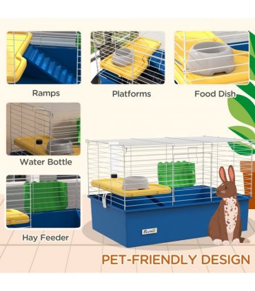 PawHut Small Animal Cage, Rabbit Guinea Pig Hutch, Pet Playhouse, Blue