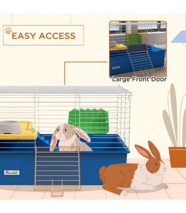PawHut Small Animal Cage, Rabbit Guinea Pig Hutch, Pet Playhouse, Blue