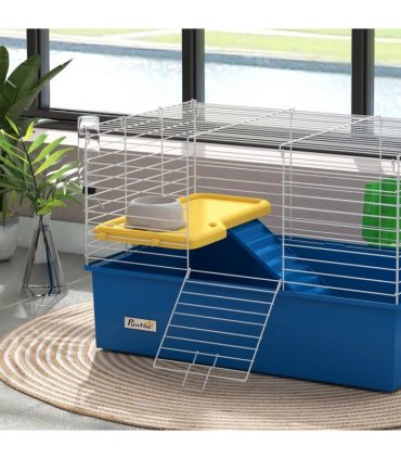 PawHut Small Animal Cage, Rabbit Guinea Pig Hutch, Pet Playhouse, Blue