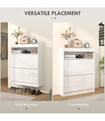 HOMCOM Wall Mounted or Freestanding Shoe Cabinet with 2 Flip Drawers, White