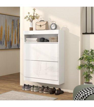 HOMCOM Wall Mounted or Freestanding Shoe Cabinet with 2 Flip Drawers, White