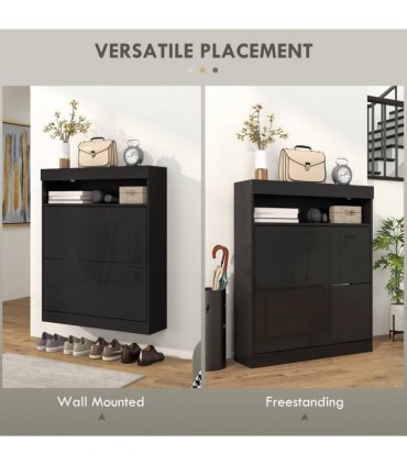 HOMCOM Wall Mounted or Freestanding Shoe Cabinet with 2 Flip Drawers, Black
