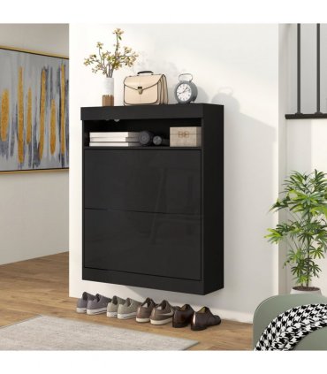 HOMCOM Wall Mounted or Freestanding Shoe Cabinet with 2 Flip Drawers, Black