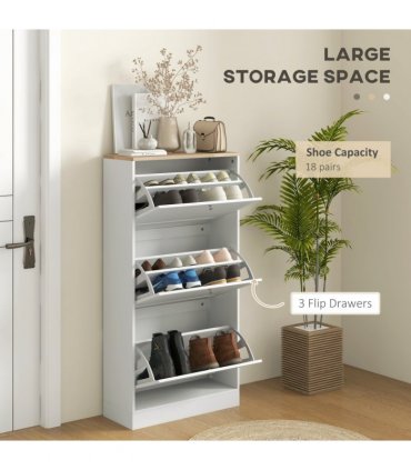 HOMCOM Narrow Shoe Cabinet with 3 Flip Drawers for 18 Pairs of Shoes White