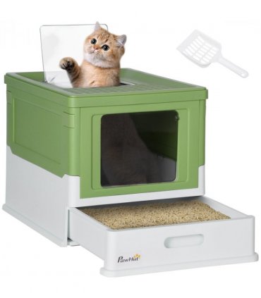 PawHut Hooded Cat Litter Box, Pet Toilet w/ Scoop, Tray - Light Green