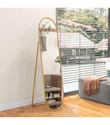 HOMCOM Oval Full Length Mirror with Metal Frame Hanging or Leaning Gold Tone