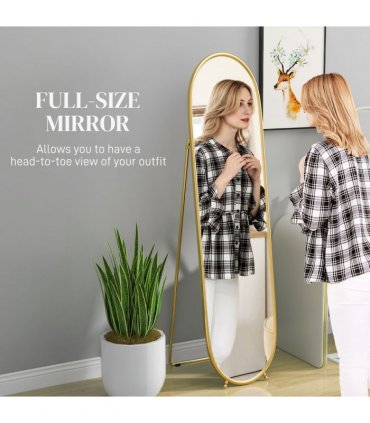 HOMCOM Oval Full Length Mirror with Metal Frame Hanging or Leaning Gold Tone