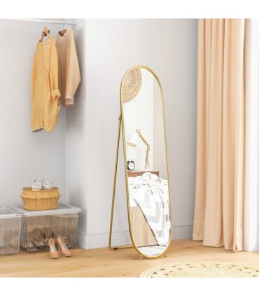 HOMCOM Oval Full Length Mirror with Metal Frame Hanging or Leaning Gold Tone