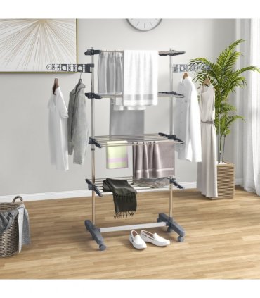 HOMCOM 4-Tier Large Clothes Airer Stainless Steel Clothes Drying Rack Grey
