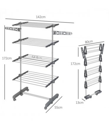HOMCOM 4-Tier Large Clothes Airer Stainless Steel Clothes Drying Rack Grey