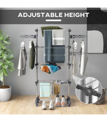 HOMCOM 4-Tier Large Clothes Airer Stainless Steel Clothes Drying Rack Grey