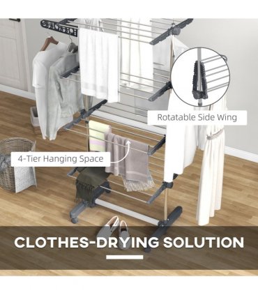 HOMCOM 4-Tier Large Clothes Airer Stainless Steel Clothes Drying Rack Grey