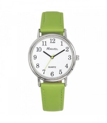 Ravel Ladies Classic Big White Dial Green Leather Strap Watch R0140.21.1