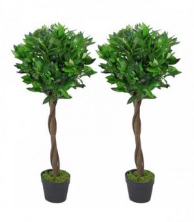 90cm Leaf Design UK Pair of Artificial Bay Topiary Ball Trees, Green Twist