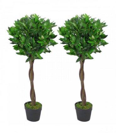 90cm Leaf Design UK Pair of Artificial Bay Topiary Ball Trees, Green Twist