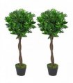 90cm Leaf Design UK Pair of Artificial Bay Topiary Ball Trees, Green Twist