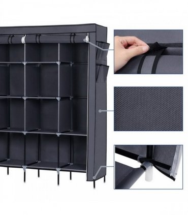67" Clothes Closet Portable Wardrobe Clothes Storage Rack 12 Shelves 4 Side Pockets Gray