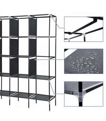 67" Clothes Closet Portable Wardrobe Clothes Storage Rack 12 Shelves 4 Side Pockets Gray