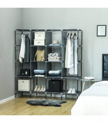 67" Clothes Closet Portable Wardrobe Clothes Storage Rack 12 Shelves 4 Side Pockets Gray