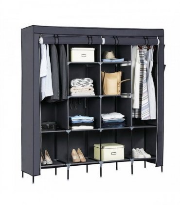 67" Clothes Closet Portable Wardrobe Clothes Storage Rack 12 Shelves 4 Side Pockets Gray