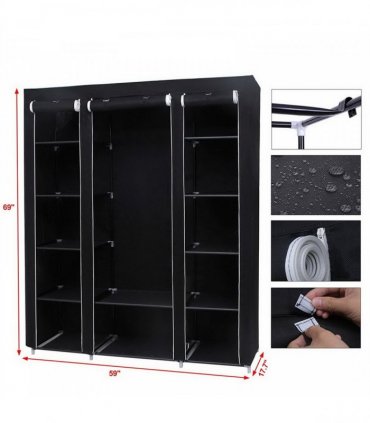 69" Portable Clothes Closet Wardrobe Storage Organizer with Non-Woven Fabric Quick and Easy to Assemble Extra Strong and Durable Black