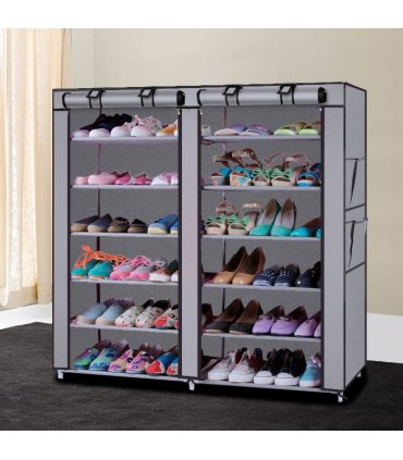 6-Row 2-Line 12 Lattices Non-woven Fabric Shoe Rack Gray