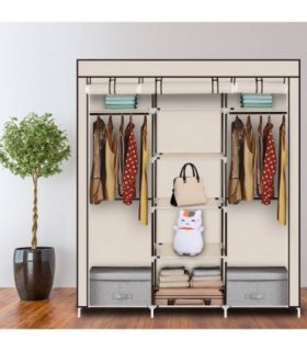 69" Portable Clothes Closet Non-Woven Fabric Wardrobe Double Rod Storage Organizer Beige