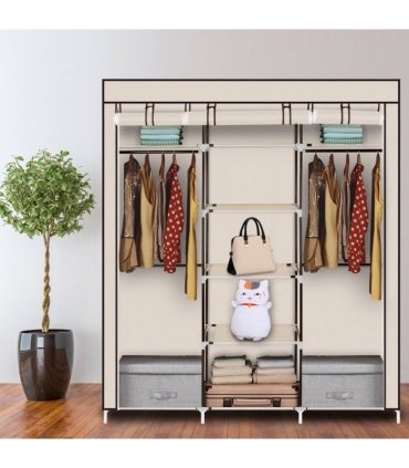 69" Portable Clothes Closet Non-Woven Fabric Wardrobe Double Rod Storage Organizer Beige