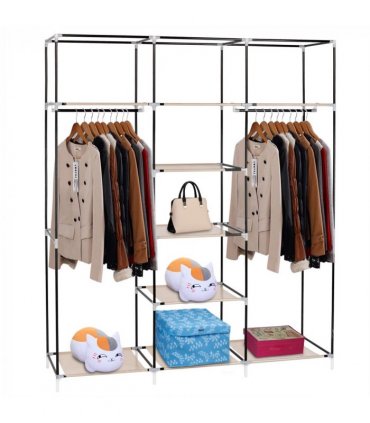 69" Portable Clothes Closet Non-Woven Fabric Wardrobe Double Rod Storage Organizer Beige