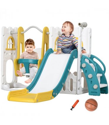 AIYAPLAY 6-in-1 Toddler Climber and Set w/ Basketball Hoop, Telescope Yellow