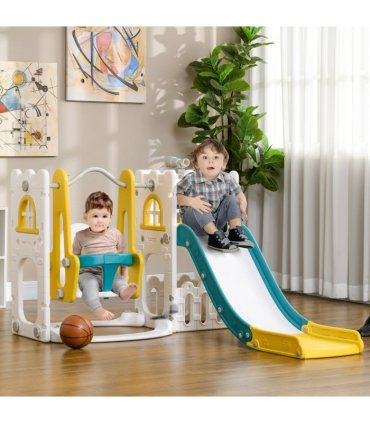AIYAPLAY 6-in-1 Toddler Climber and Set w/ Basketball Hoop, Telescope Yellow