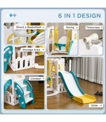 AIYAPLAY 6-in-1 Toddler Climber and Set w/ Basketball Hoop, Telescope Yellow