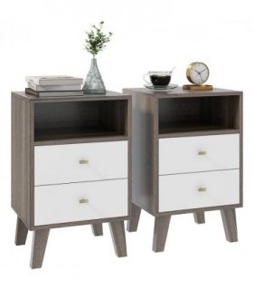 HOMCOM Bedside Tables Set of 2, Modern Nightstand with 2 Drawers and Open Cubby