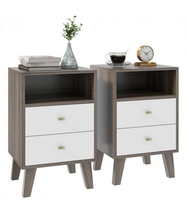 HOMCOM Bedside Tables Set of 2, Modern Nightstand with 2 Drawers and Open Cubby