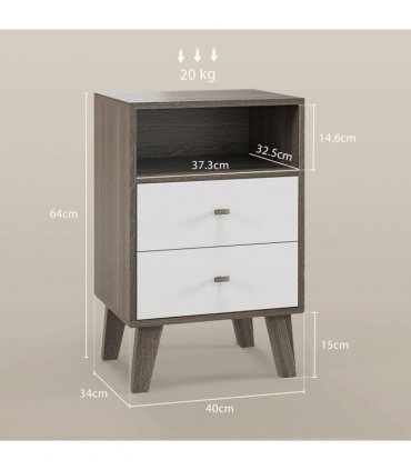 HOMCOM Bedside Tables Set of 2, Modern Nightstand with 2 Drawers and Open Cubby
