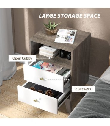 HOMCOM Bedside Tables Set of 2, Modern Nightstand with 2 Drawers and Open Cubby
