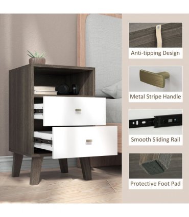HOMCOM Bedside Tables Set of 2, Modern Nightstand with 2 Drawers and Open Cubby