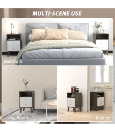 HOMCOM Bedside Tables Set of 2, Modern Nightstand with 2 Drawers and Open Cubby