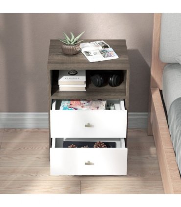 HOMCOM Bedside Tables Set of 2, Modern Nightstand with 2 Drawers and Open Cubby