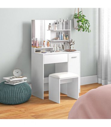 HOMCOM Dressing Table and Stool Set, with Storage - White