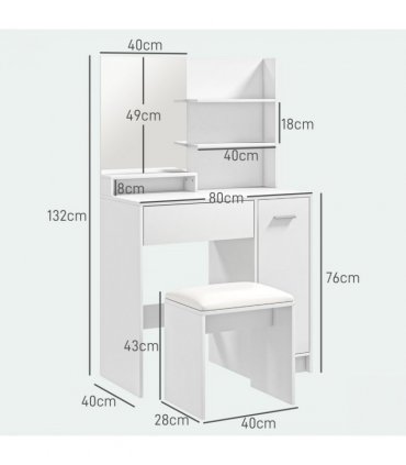 HOMCOM Dressing Table and Stool Set, with Storage - White