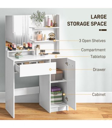 HOMCOM Dressing Table and Stool Set, with Storage - White