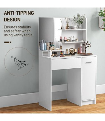 HOMCOM Dressing Table and Stool Set, with Storage - White
